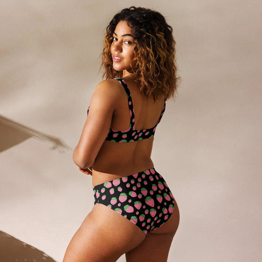 Black Strawberry Print Recycled High-Waisted Bikini Set by Coral Cove by Lakeshore Lifestyles