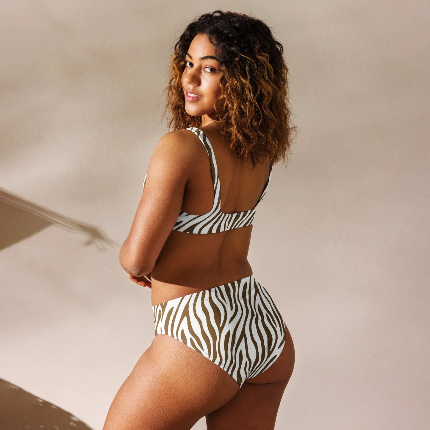 Brown Zebra Print Recycled High-Waisted Bikini Set by Coral Cove by Lakeshore Lifestyles