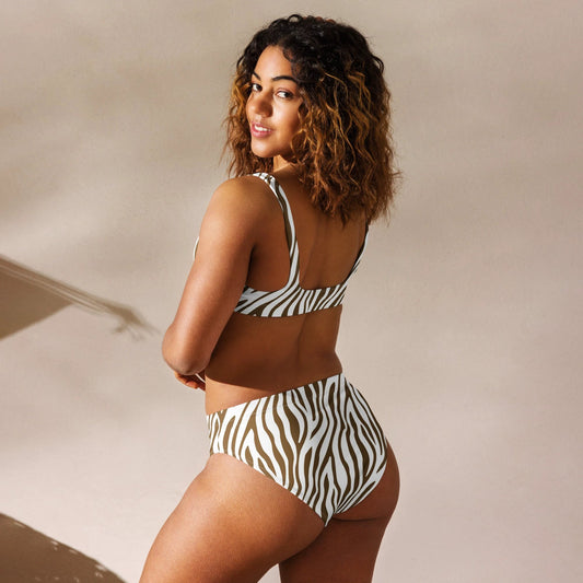 Brown Zebra Print Recycled High-Waisted Bikini Set by Coral Cove by Lakeshore Lifestyles