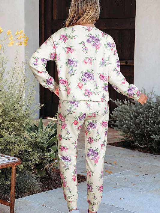 Floral Print Round Neck Top and Drawstring Pants Lounge Set by Trendsi