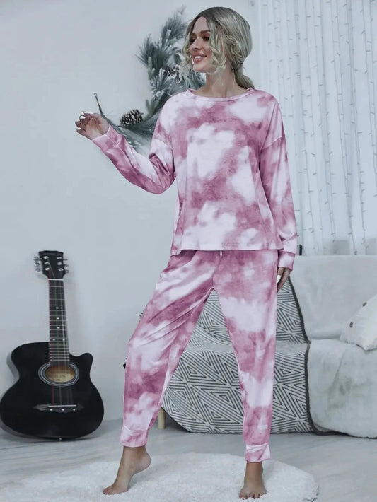 Shiny Tie-dye Round Neck Top and Drawstring Pants Lounge Set by Trendsi
