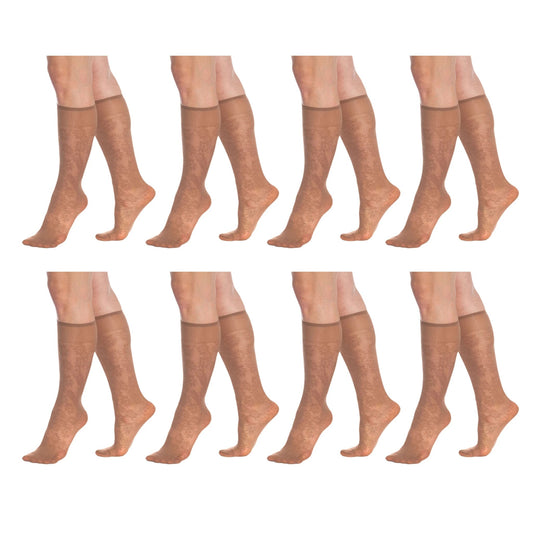 8 Pairs Sheer Knee High Socks for Women 15 Denier with Flower Patterned One Size by AWS/American Made