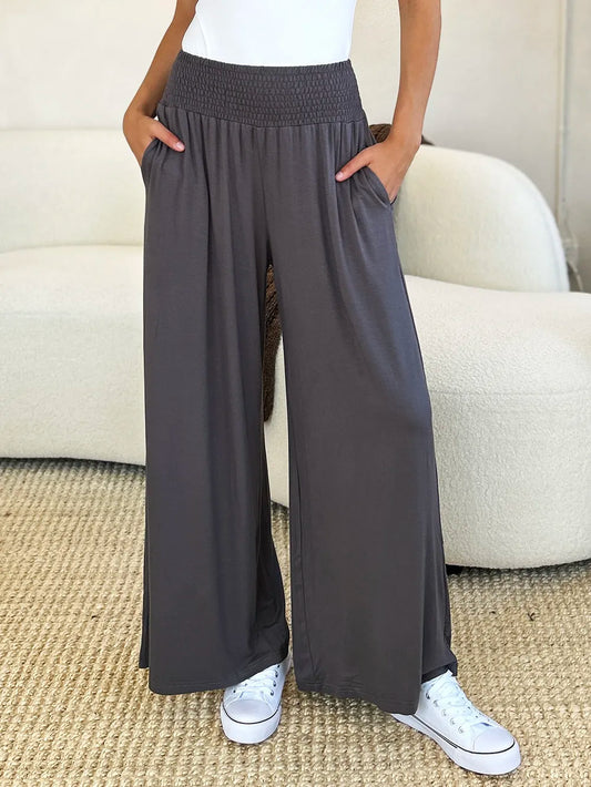 Basic Bae Full Size Smocked Wide Waistband Wide Leg Pants by Trendsi