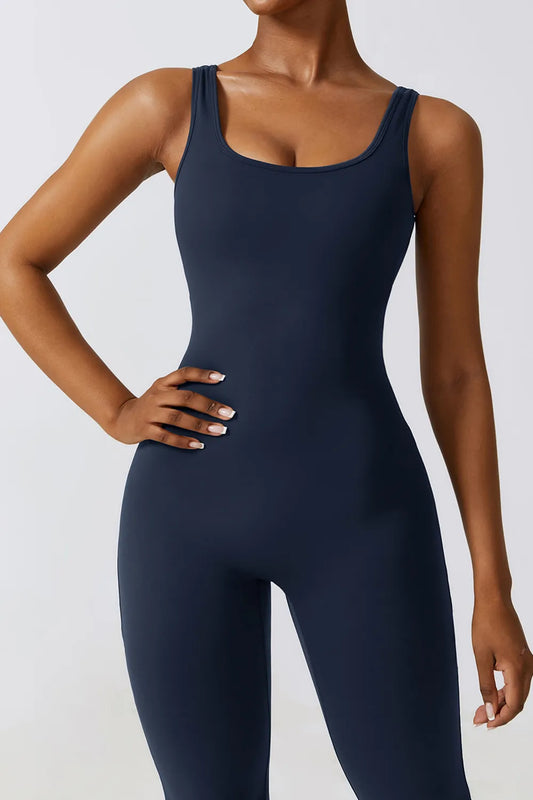 Basic Bae Cutout Ruched Bootcut Sleeveless Active Jumpsuit by Trendsi