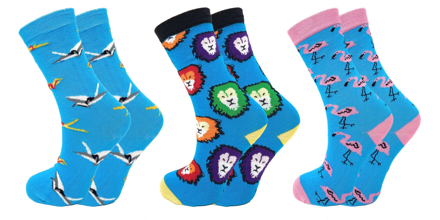 3 Pairs Colorful Fun Crazy Crew Dress Socks – Soft Cotton Blend, Novelty Pattern Socks for Men & Women by AWS/American Made