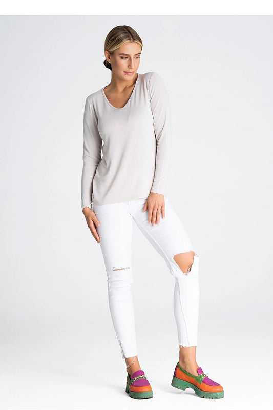 Figl Elegant Long Sleeve Blouse - Soft Viscose Fabric for Comfort, Stretch, and V-Neck to Elongate Neck Design by Figl