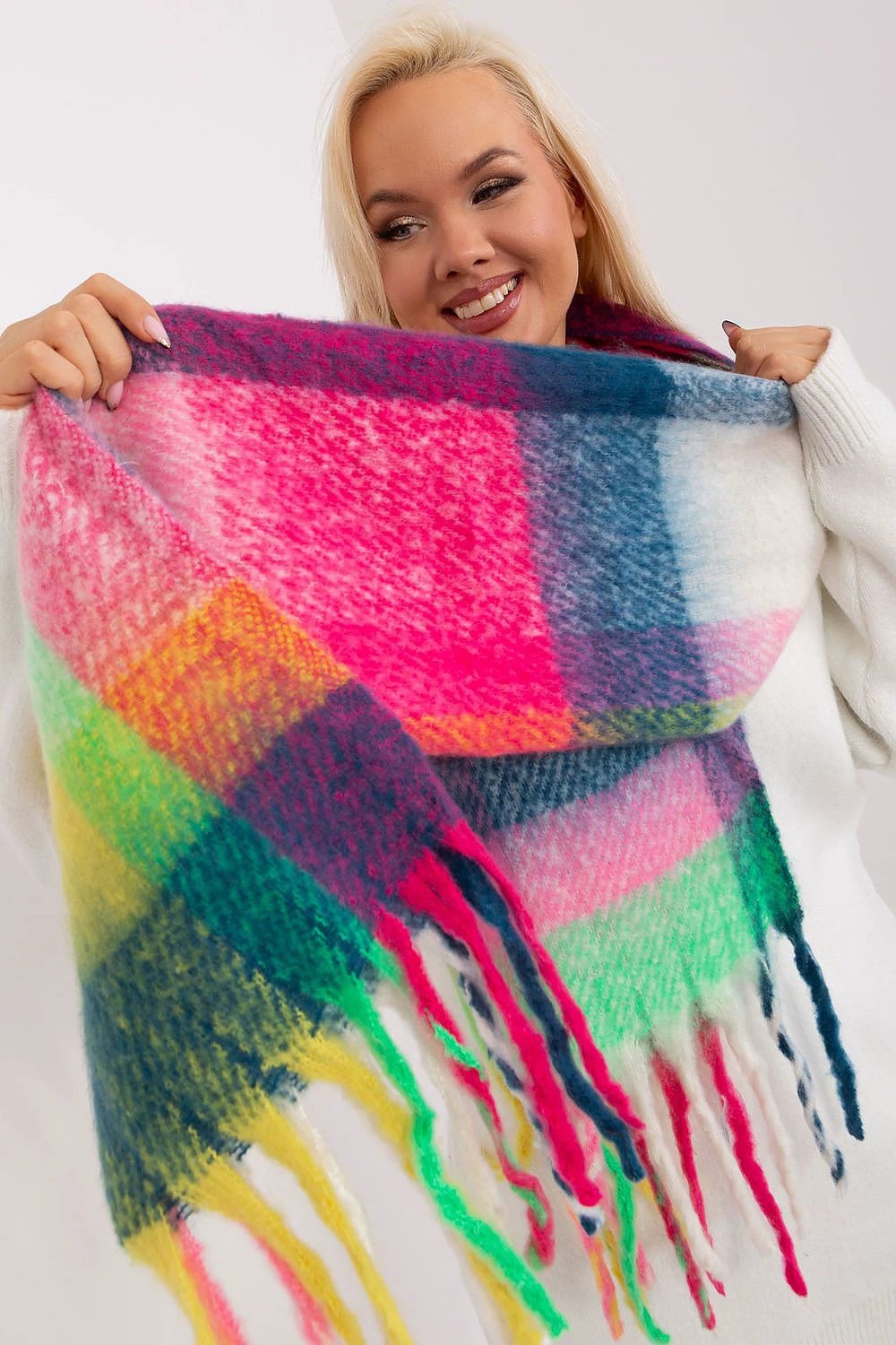 Colorful Plaid Shawl Scarf With Tassels In Polyester by AT