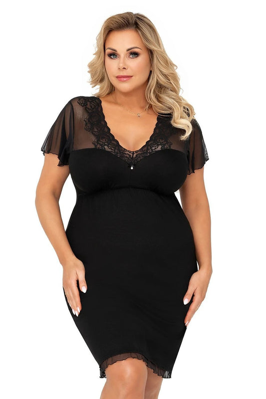 Donna Ivana Plus Size Nightshirt - Featuring Delicate Lace Neckline, Airy Tulle Sleeves, and Crystal Bow by Donna