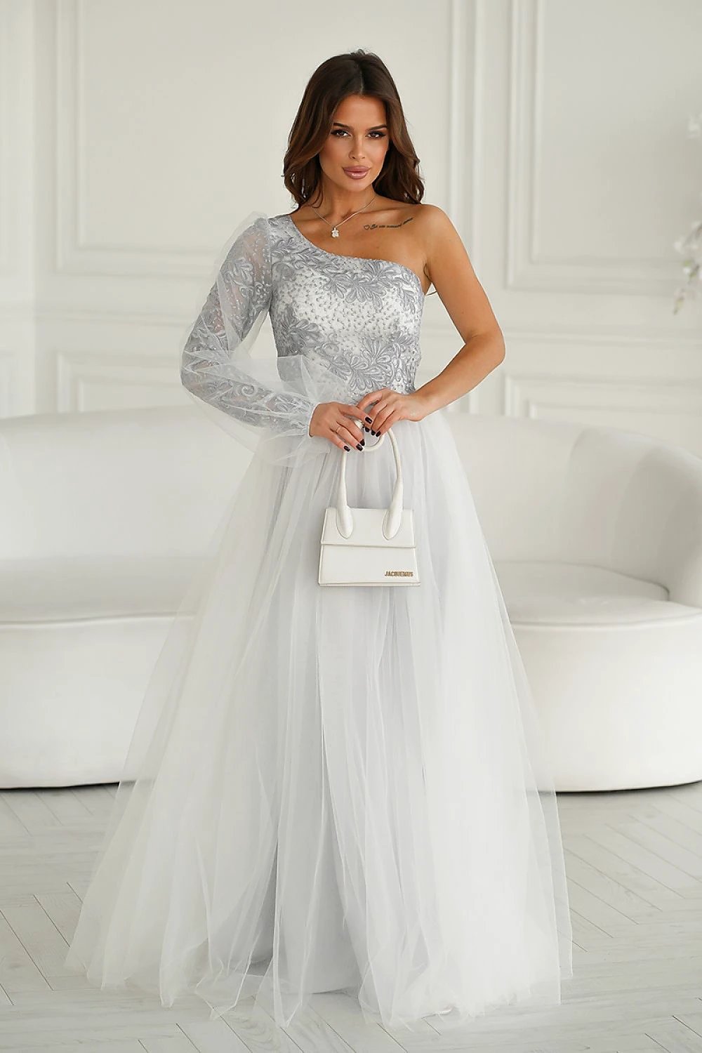 Bicotone Long Prom Dress - One-Shoulder Shimmering Lace with Voluminous Flared Bottom by Bicotone
