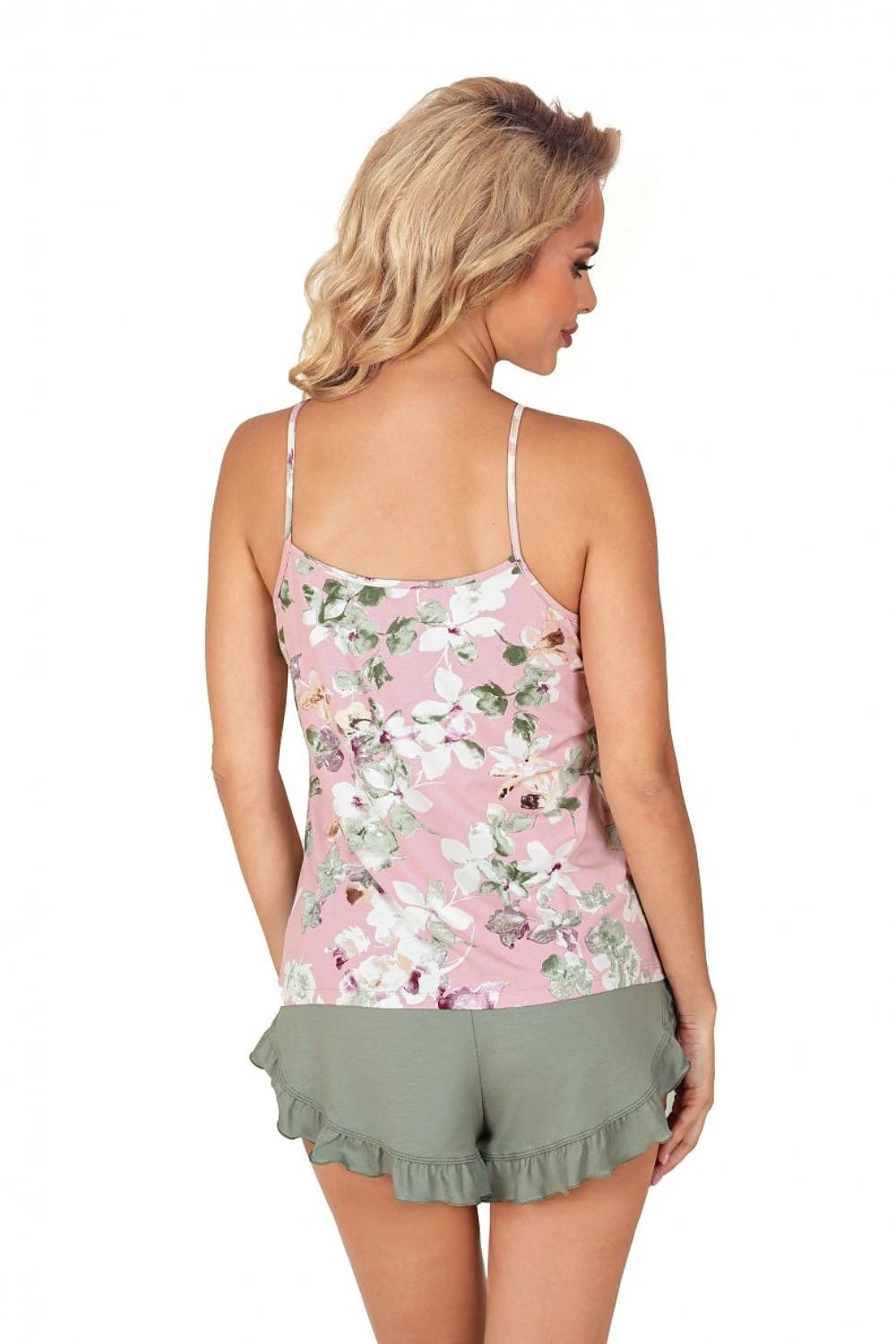Donna Nicola Pajama Set - Stylish Light Pink Floral Cotton Top with Ruffles and Olive Shorts Made in Poland by Donna
