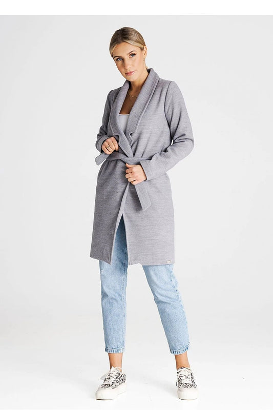 Figl Women's Coat - Unbuttoned Style with Large Lined Collar, Adjustable Belt and Inner Pockets for Versatile Wear by Figl