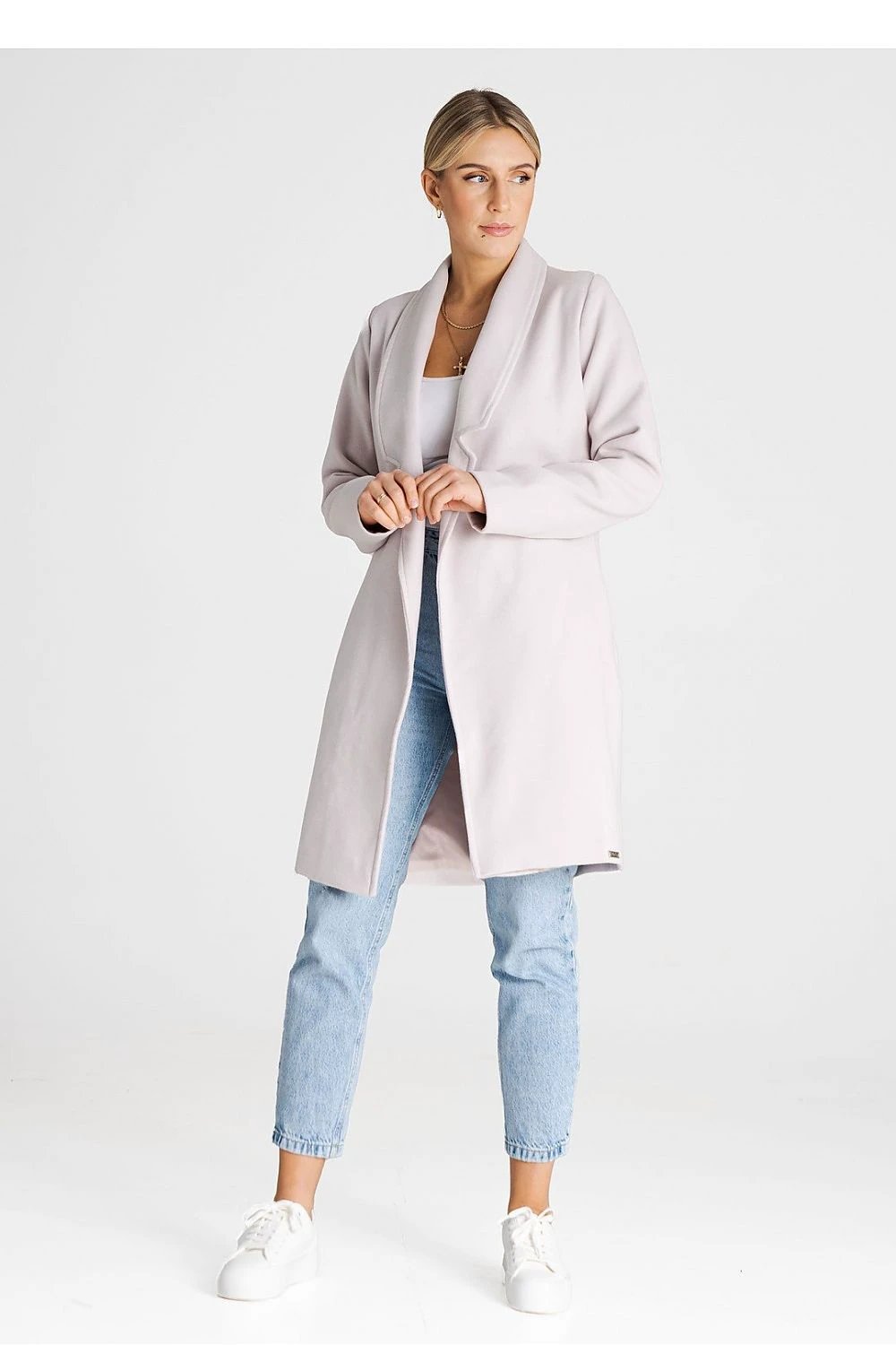 Figl Women's Coat - Unbuttoned Style with Large Lined Collar, Adjustable Belt and Inner Pockets for Versatile Wear by Figl