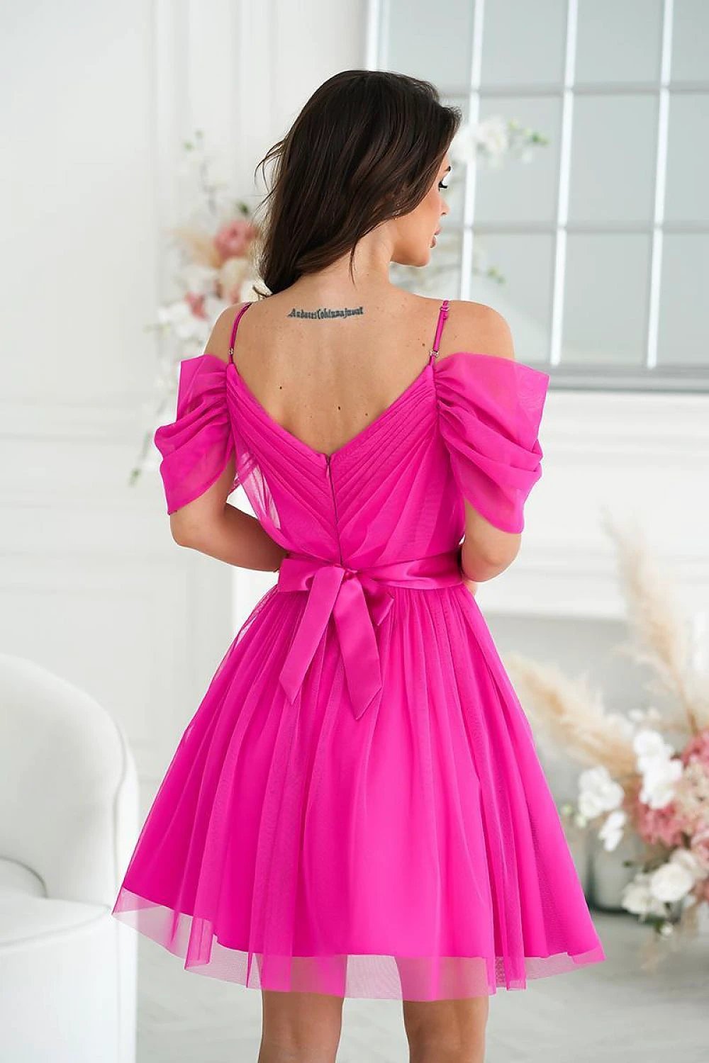 Bicotone Evening Dress - Spanish-Style with Plunging Tulle Sleeves and Layered Flared Bottom by Bicotone