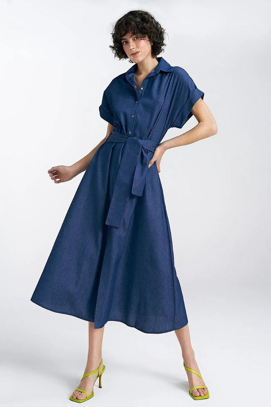 Nife Daydress - Loose Fit Thin Denim 100% Cotton Breathable Summer Dress With V-Neck And Short Kimono Sleeves by Nife