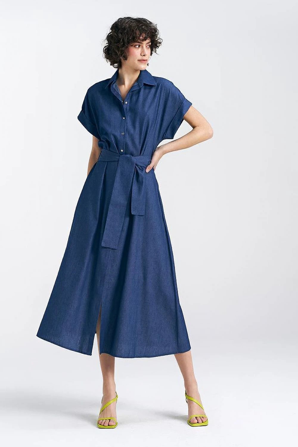 Nife Daydress - Loose Fit Thin Denim 100% Cotton Breathable Summer Dress With V-Neck And Short Kimono Sleeves by Nife