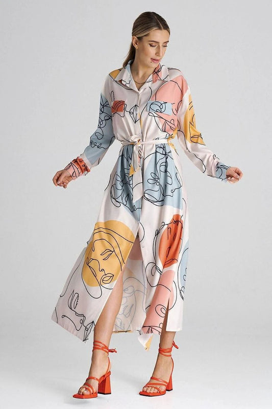 Figl Daydress Maxi Shirt - Comfortable Button-Up with Waist Tie, Side Slits and Long Sleeves by Figl