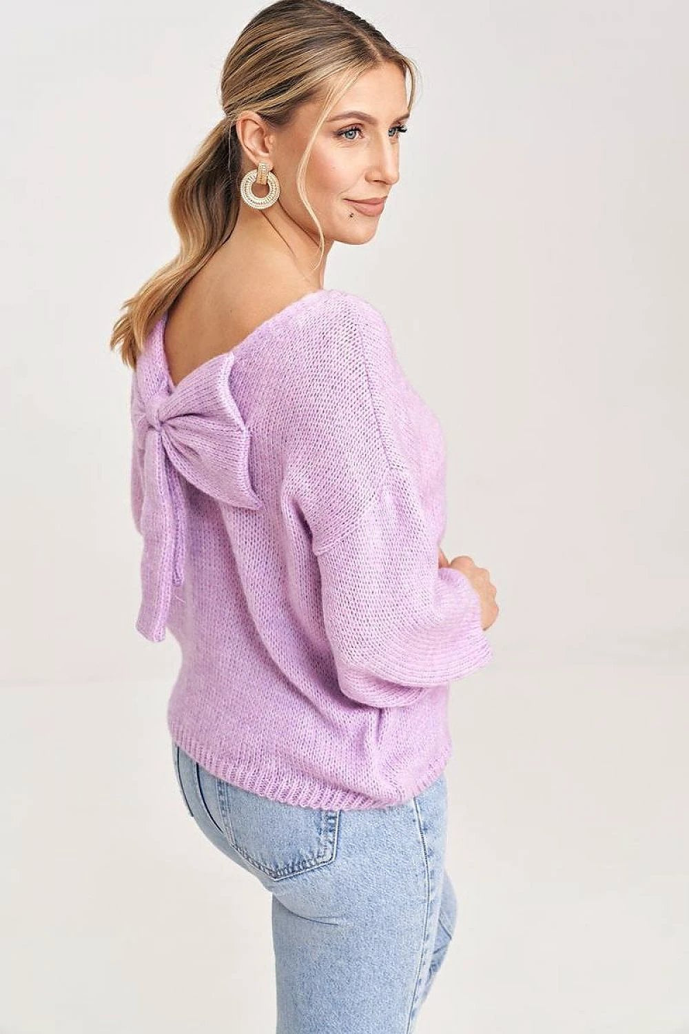 Figl Women's Jumper Sweater - 3/4 Length Sleeves, V-Cut Back with Decorative Bow, Acrylic Wool Blend Design by Figl