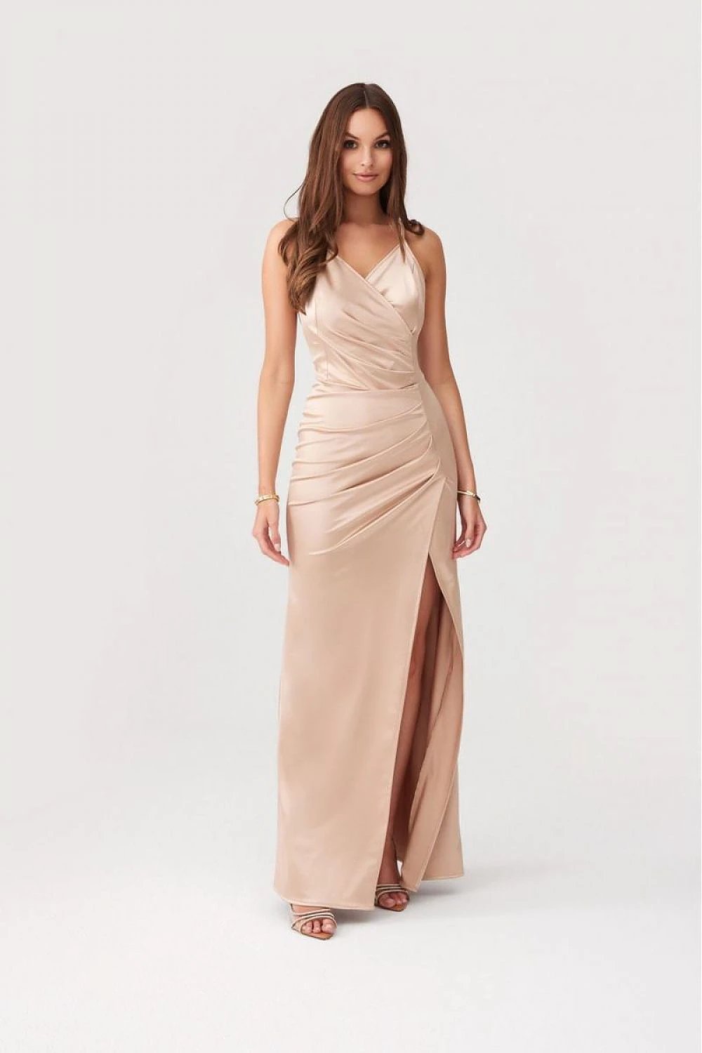 Roco Fashion Beige Long Evening Dress - Soft Fitted Maxi with Open Back Design by Roco Fashion