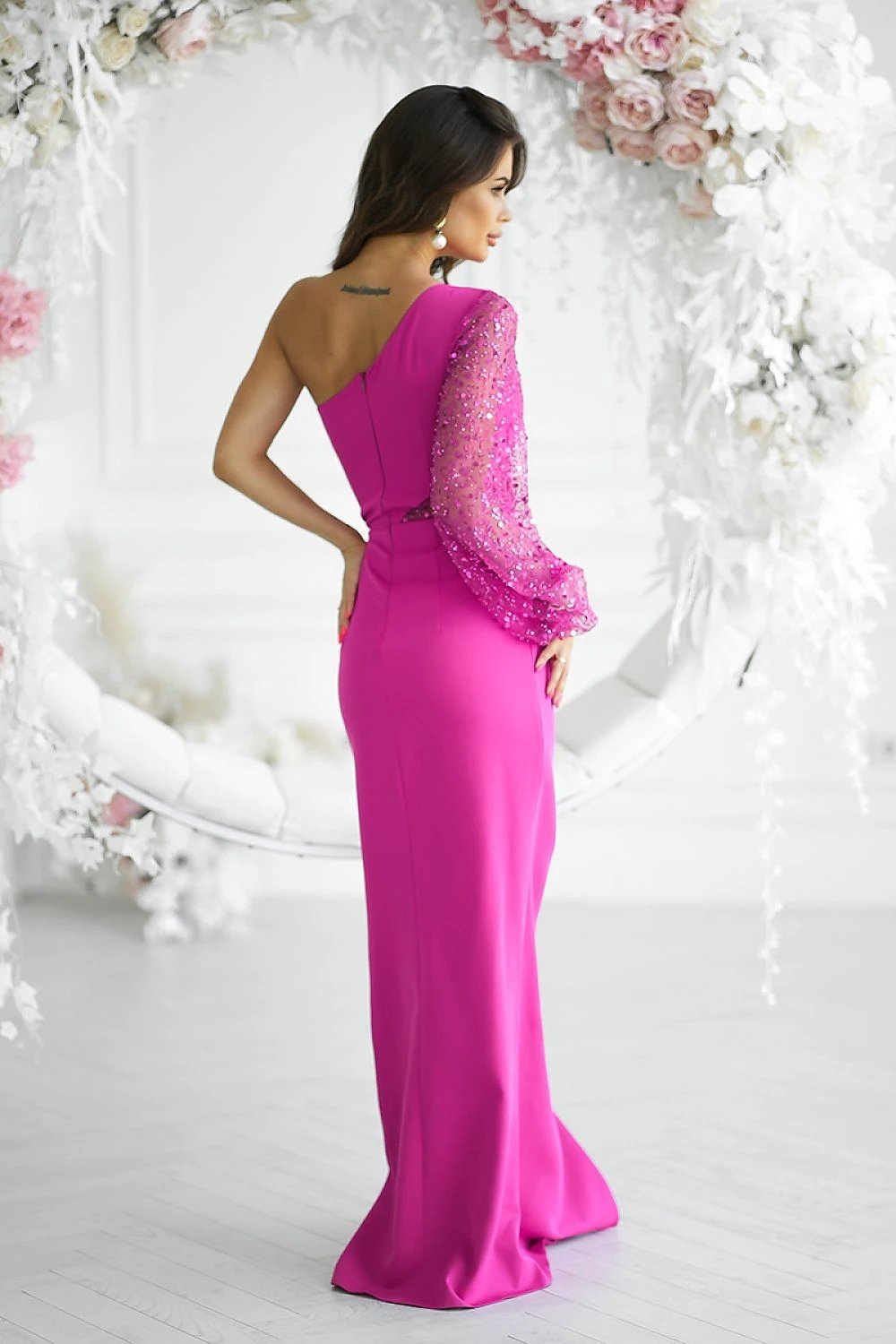 Bicotone Long Dress - Sequin One-Shoulder Asymmetrical Design with Leg Slit for Formal Events by Bicotone