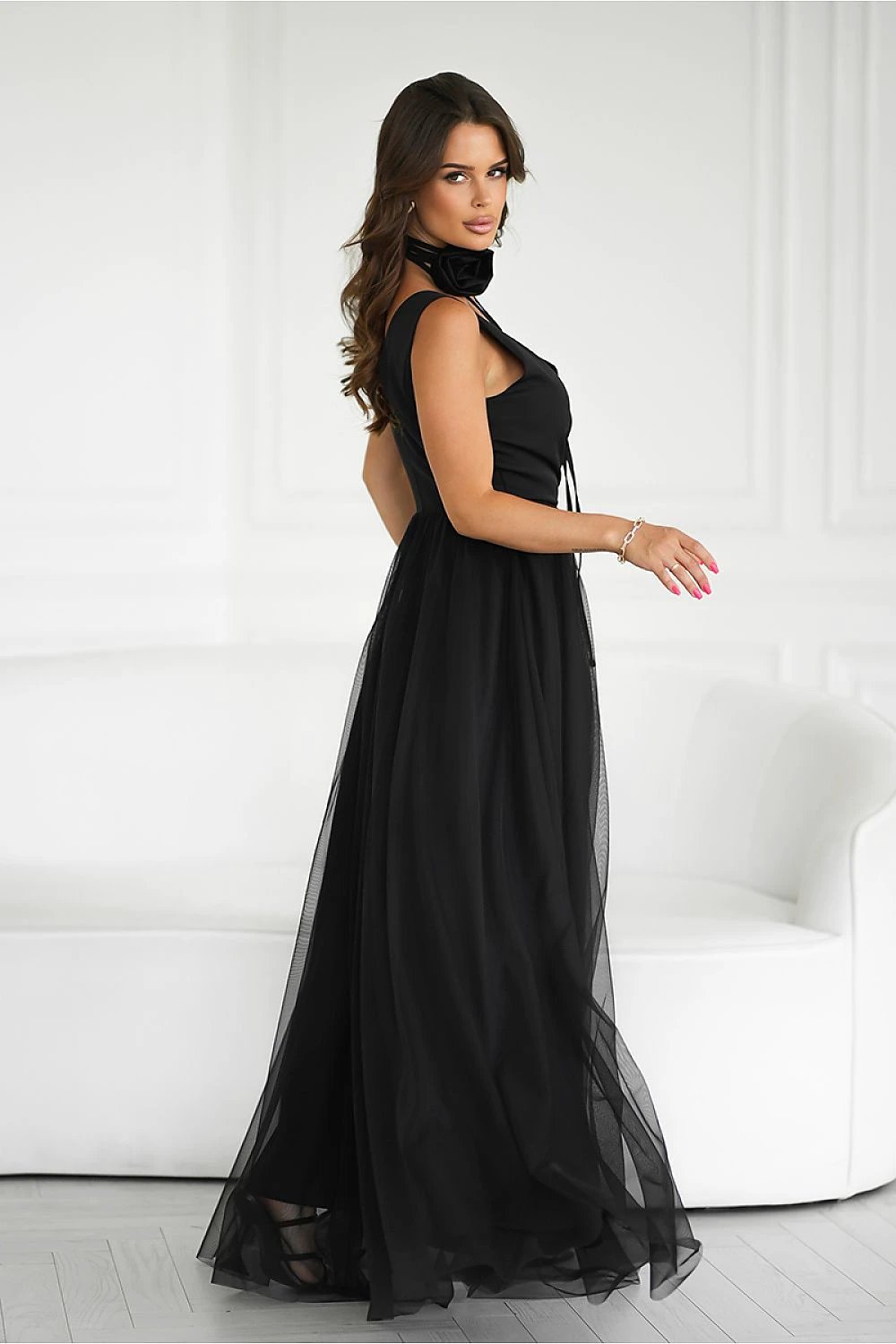 Bicotone Women's Long Dress - Airy Fabric, Slit Design, and Removable Rose Belt for Elegant Silhouette by Bicotone
