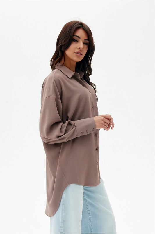 Roco Fashion Long Sleeve Shirt - Oversized Beige Design With Elegant Collar For Women by Roco Fashion