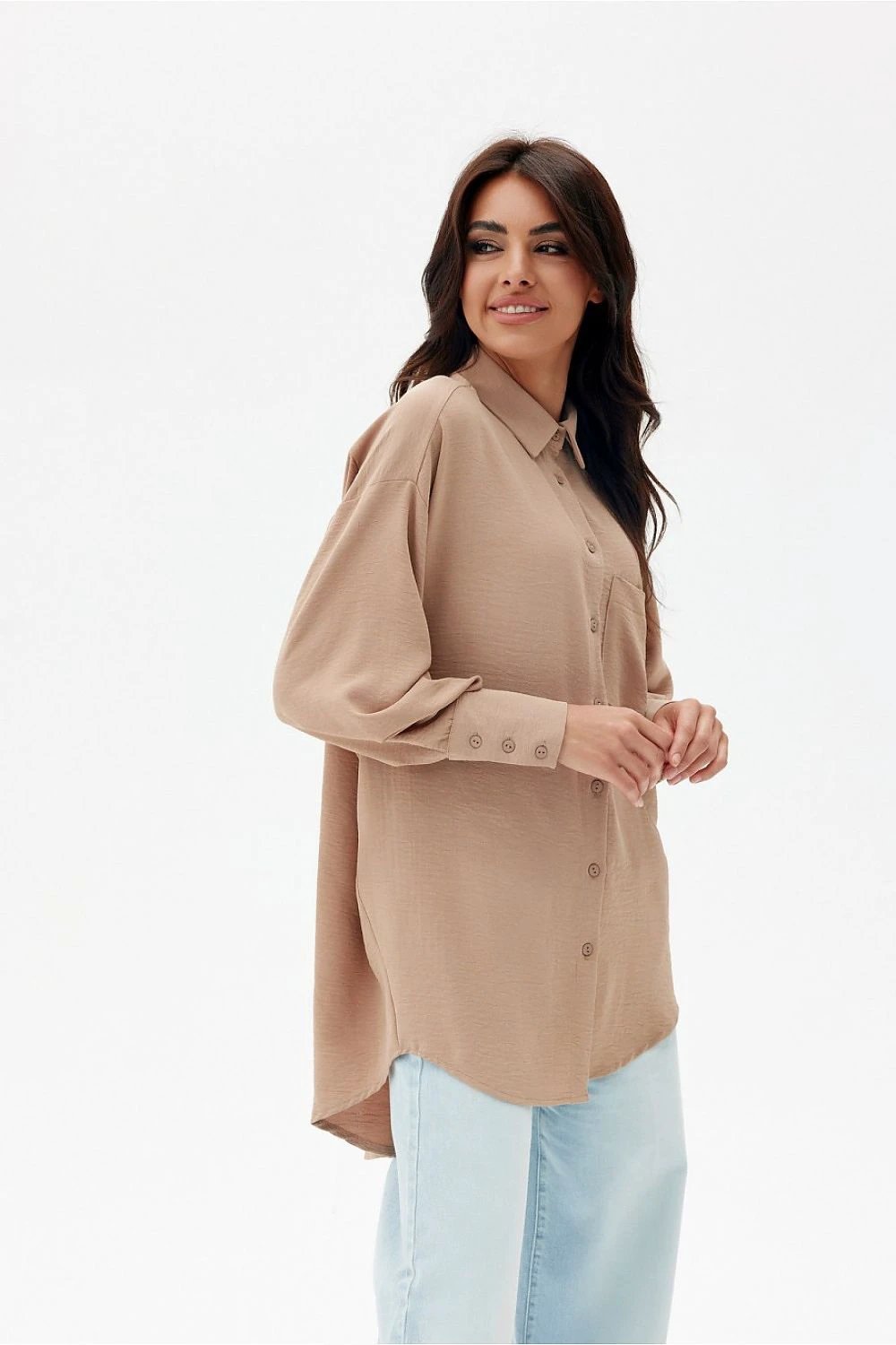 Roco Fashion Long Sleeve Shirt - Oversized Beige Design With Elegant Collar For Women by Roco Fashion