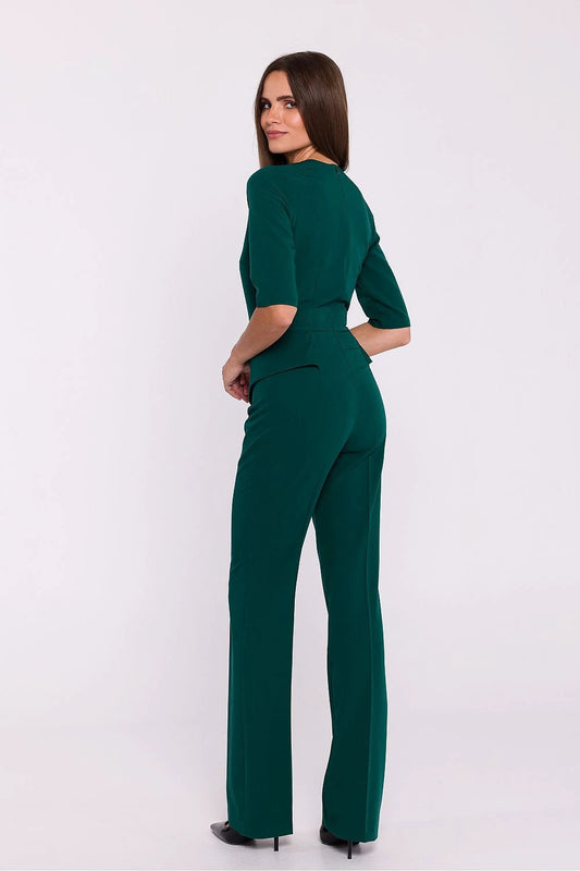 Suit Stylove - Elegant Fabric Jumpsuit with Basque Waist, V-Neckline, Short Sleeves and Elongating Wide Legs by Stylove
