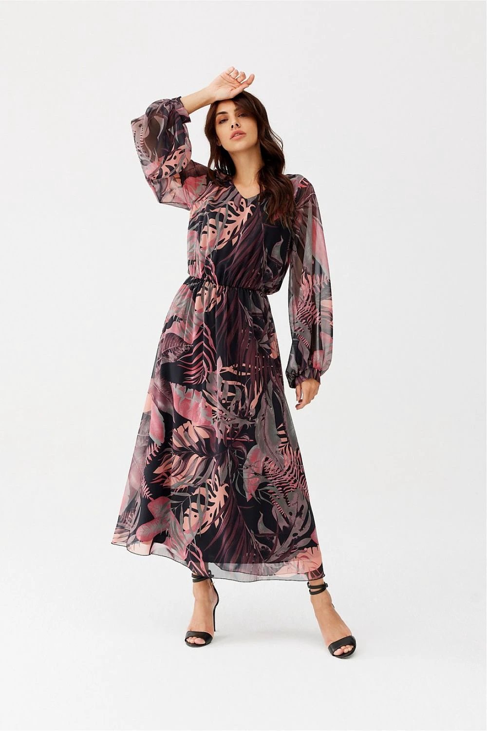 Roco Fashion Daydress - Multicolor Chiffon Dress with Flowing Sleeves and V-Neck by Roco Fashion