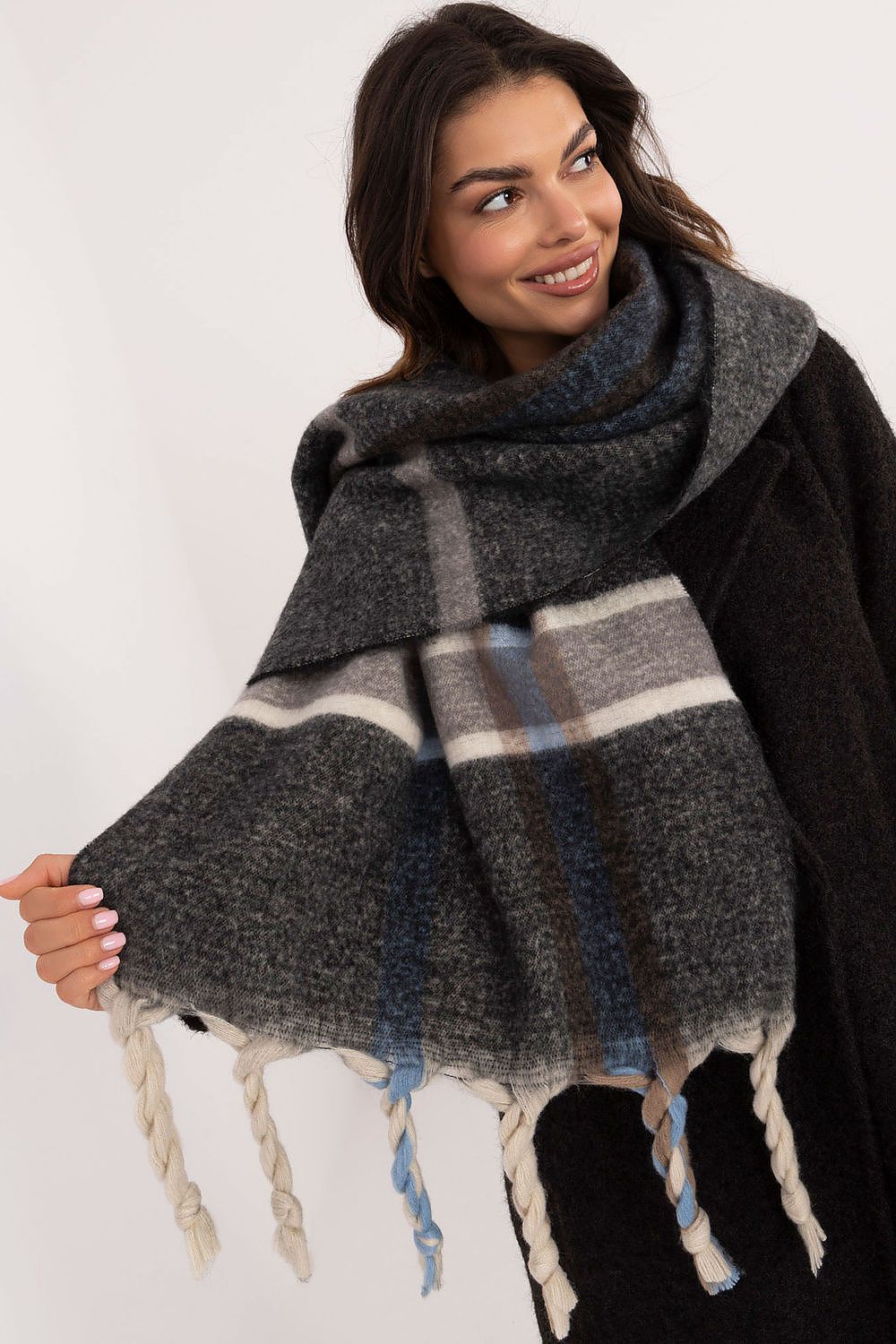 Warm Checkered Polyester Shawl With Tassels 180cm Long by AT