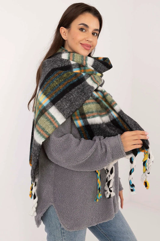Elegant Check Pattern Shawl With Tassels 182cm Polyester by AT