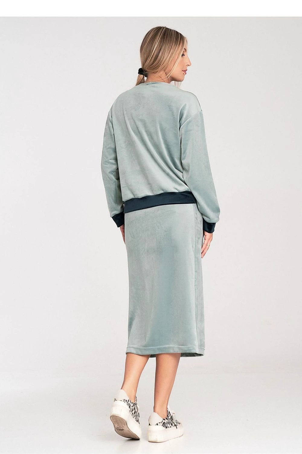 Figl Ladies' Velour Two-Piece Set - Comfortable Blouse with Long Sleeves and Slit Pencil Skirt with Elastic Waist by Figl