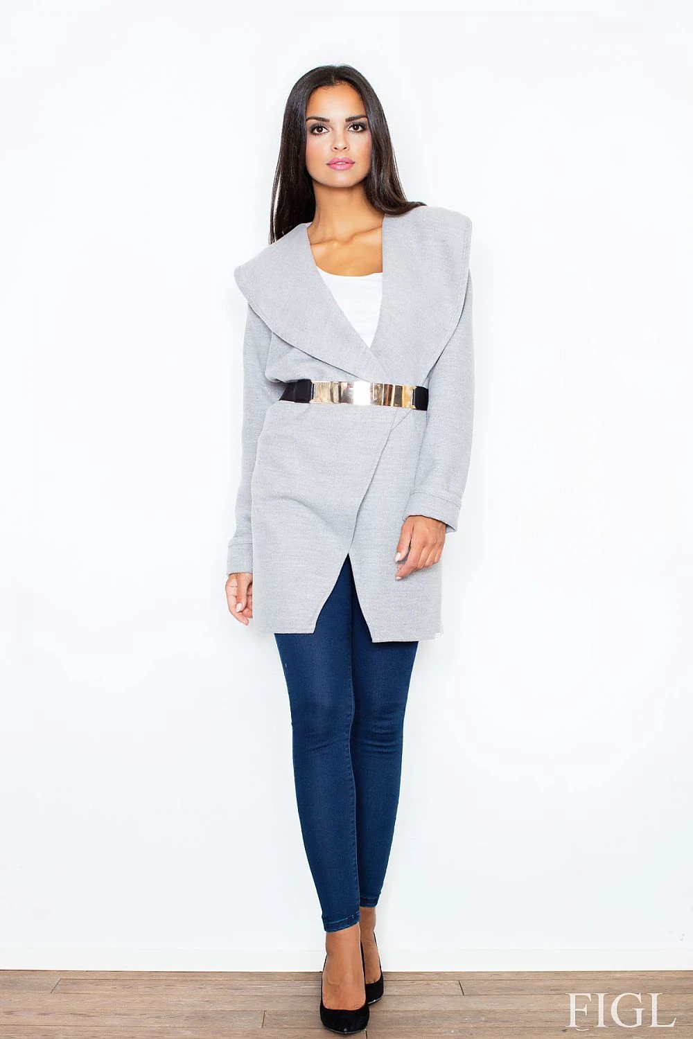 Figl Women's Coat Model 46843 - Warm Loose-Fitting Knitwear with Turn-Up Collar and Modern Belt by Figl