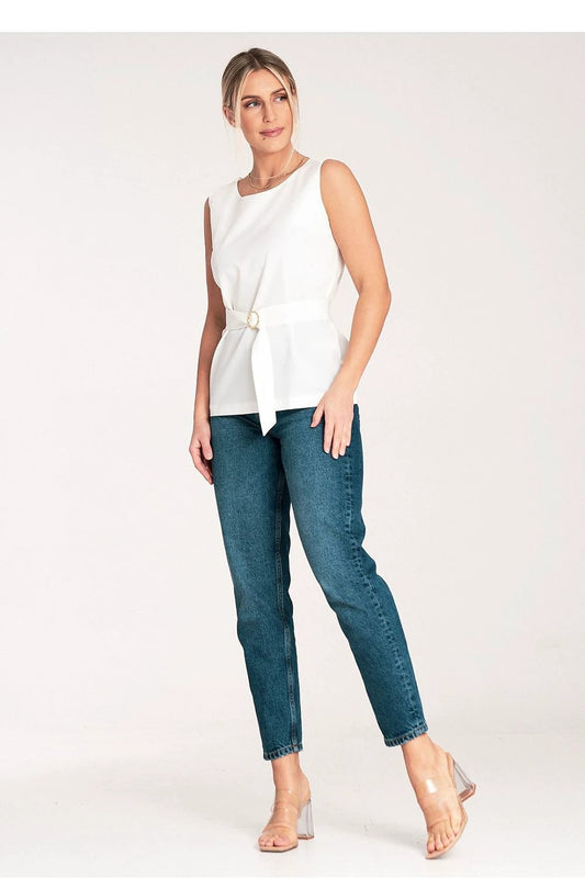 Figl Women's Blouse - Elegant Trapezoidal Design With Boat Neckline, Gold Buckle And Polyester Viscose Blend by Figl