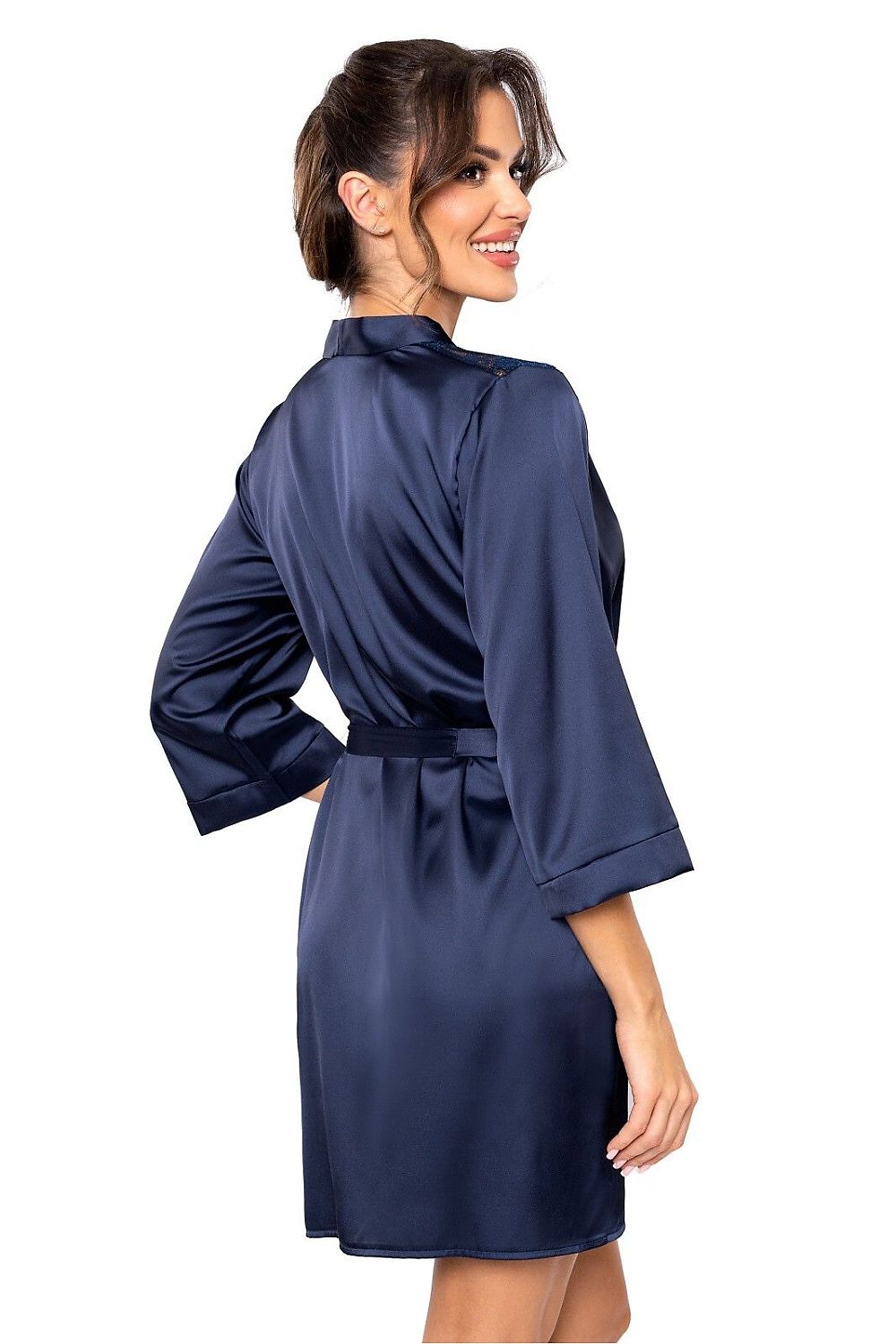 Donna Luxury Women's Silk Satin Bathrobe - Elegant Lace Neckline, Wide Sleeves and Tie Belt by Donna