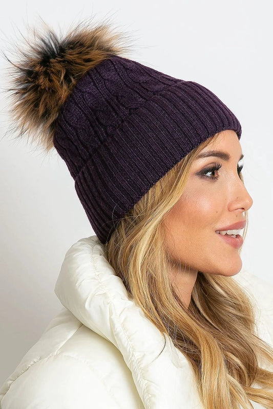 Winter Knit Cap With Wide Cuff And Fluffy Pom Pom Beanie by AT