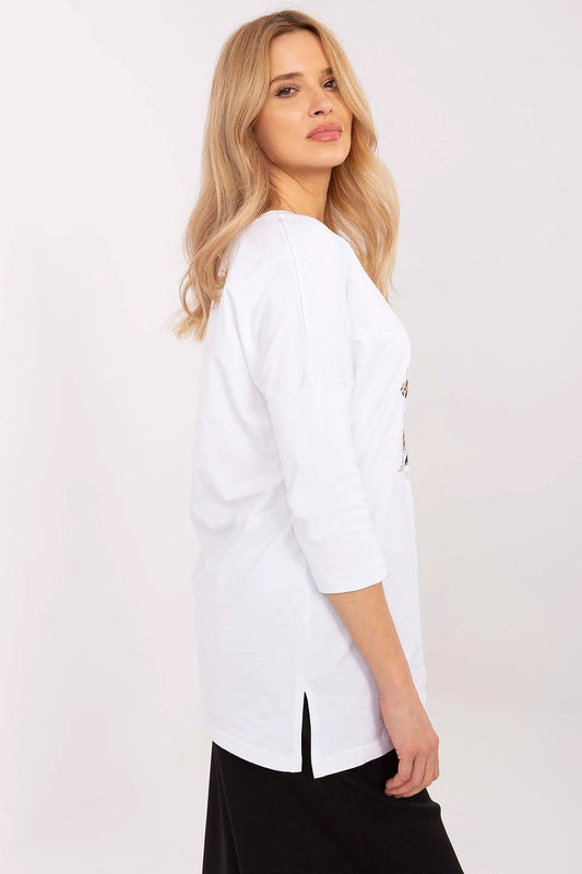 Blouse Factory Women's Stylish Extended Cut Blouse - Made of High-Quality Cotton with Elastane for Comfort, Animal Motif Design, and 3/4 Sleeves by Factory Price