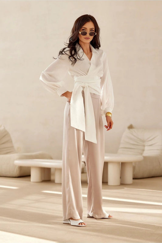 Roco Fashion Blue Women's Blouse with Tie Waist and Long Puffy Sleeves for Elegant Daily Wear by Roco Fashion