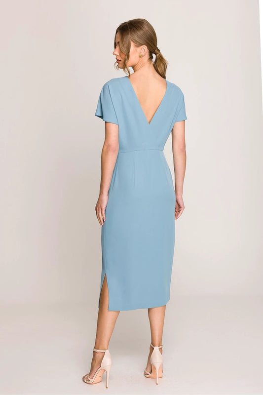Stylove Daydress - Elegant Fitted Midi Dress With Deep V-Neckline And Short Sleeves For Everyday Elegance by Stylove