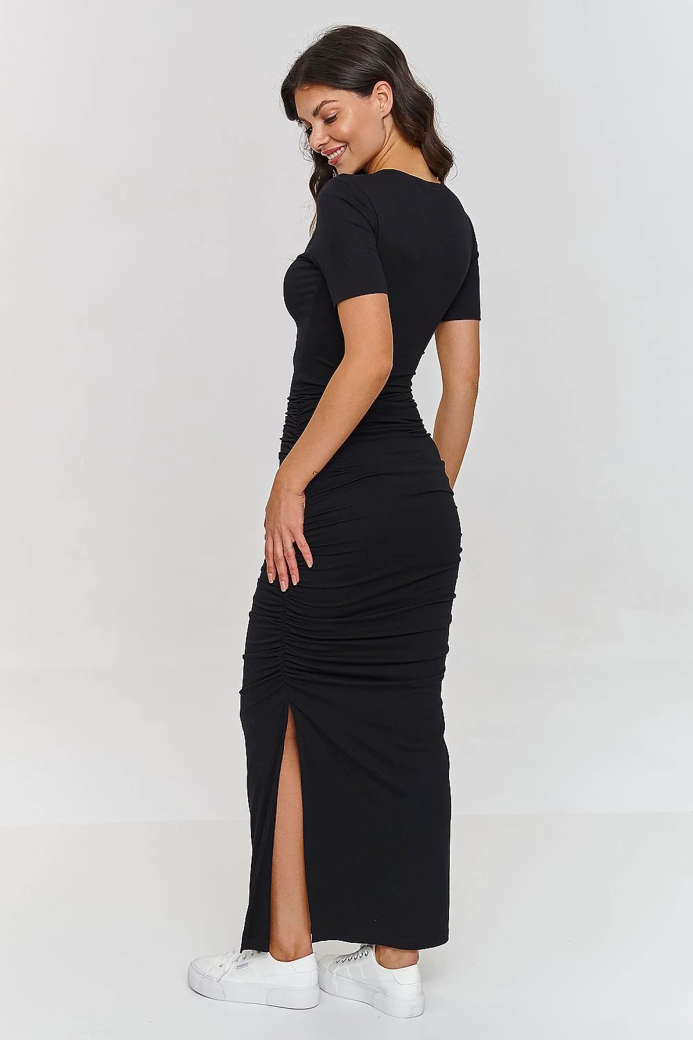 Makadamia Daydress for Women - Elegant Black Ruched Design with V-Neck and Side Slit by Makadamia