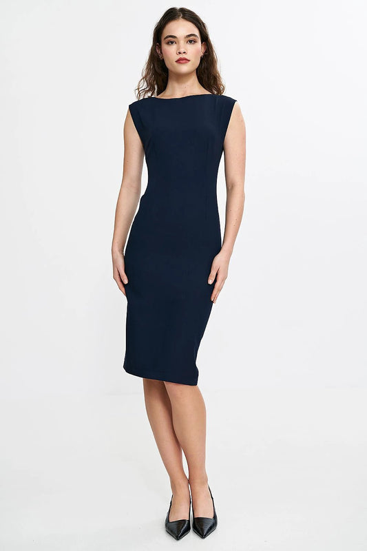 Nife Daydress - Elegant Fitted Sleeveless Knee-Length Dress with Boat and V-Neck for Feminine Silhouette by Nife