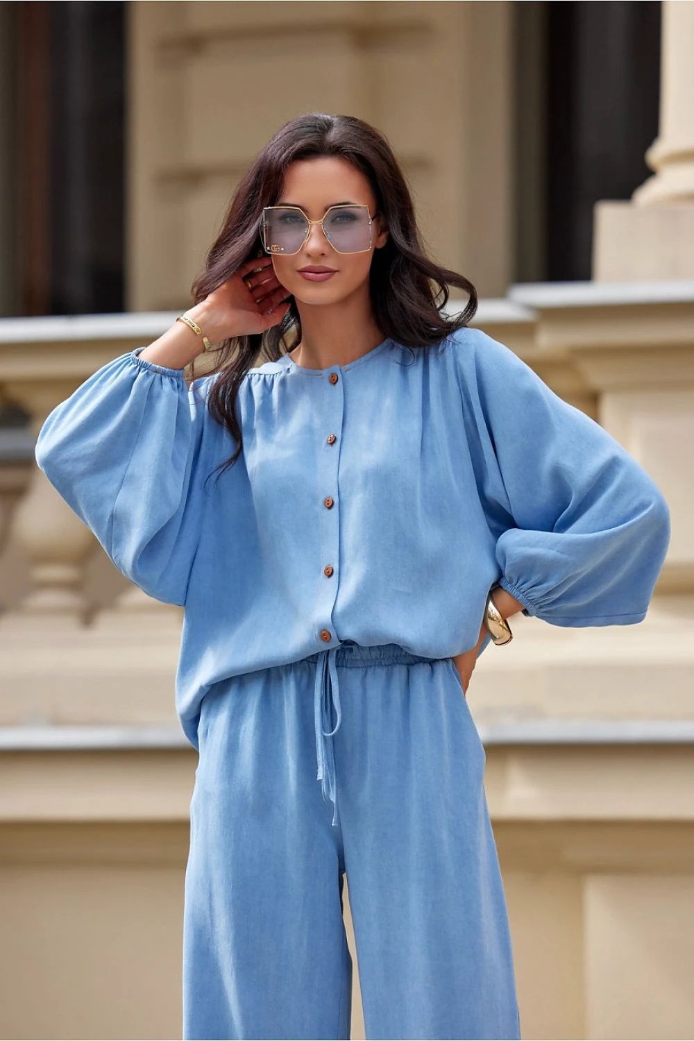 Roco Fashion Women's Long Sleeve Shirt in Blue - Breathable 100% Tencel Fabric, Loose Fit and Adjustable Neckline by Roco Fashion