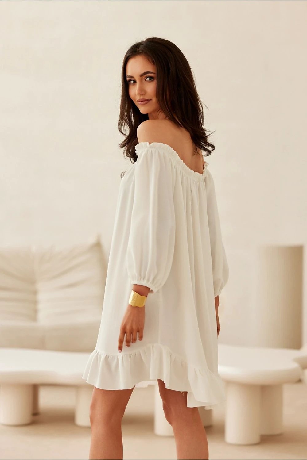 Roco Fashion Beige Daydress - Airy Lightweight Summer Style With Flattering Spanish Neckline And Puffy Sleeves by Roco Fashion