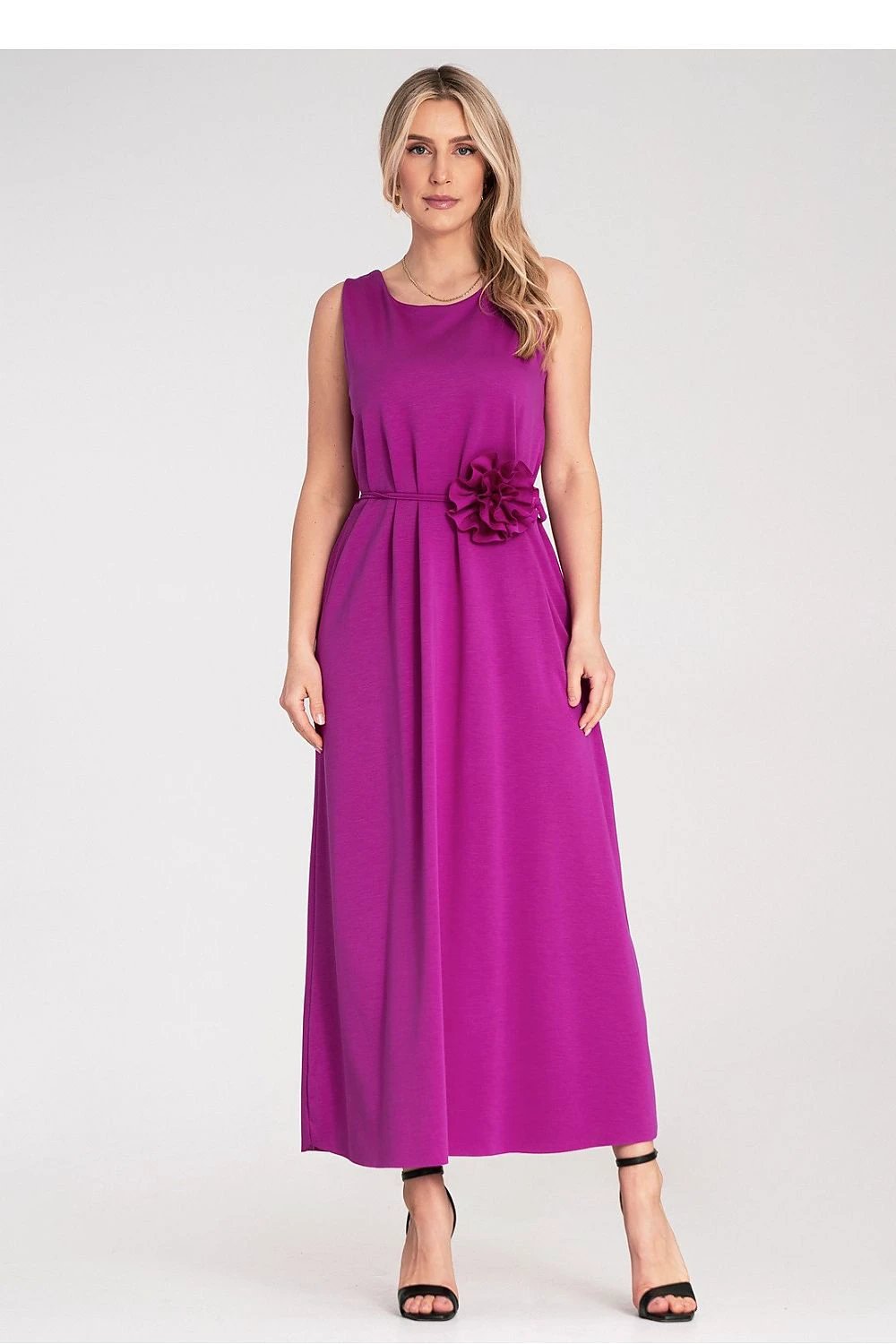 Figl Daydress - Comfortable Sleeveless Maxi Dress with Floral Belt and Soft Draping Knit Fabric for Everyday Wear by Figl