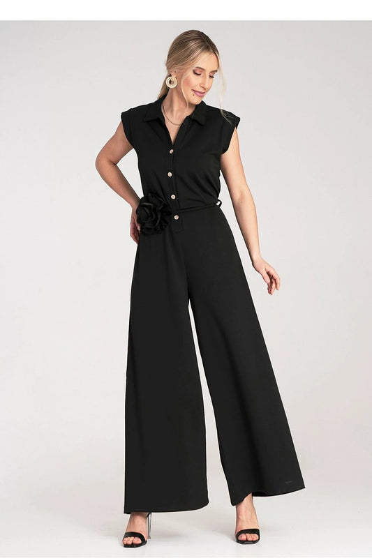 Suit Figl Women's Jumpsuit - Elegant Collar Design with Loose Wide Legs and Decorative Flower Belt by Figl