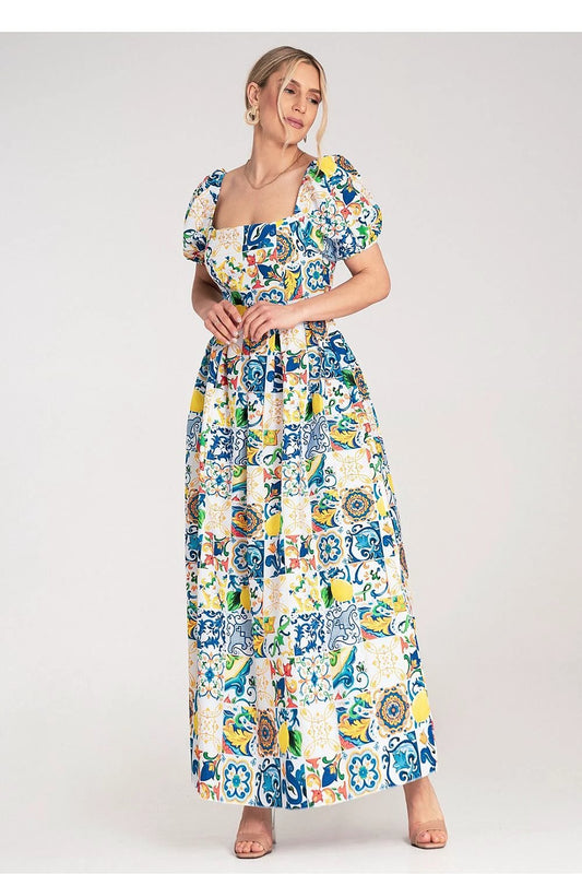 Figl Daydress - Vibrant Ceramic Tile Pattern Cotton Maxi Dress with Puffy Sleeves and Square Neckline by Figl