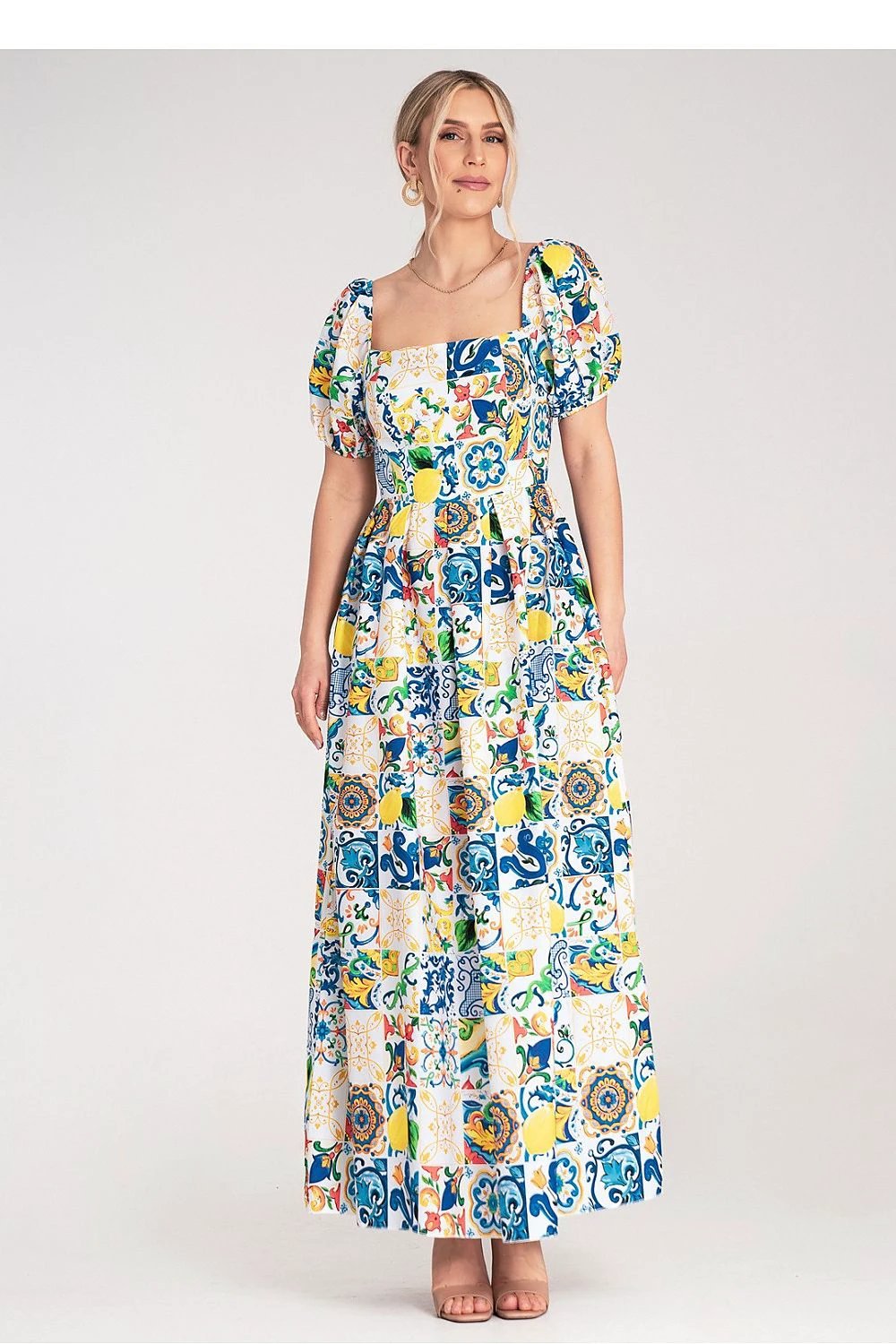 Figl Daydress - Vibrant Ceramic Tile Pattern Cotton Maxi Dress with Puffy Sleeves and Square Neckline by Figl