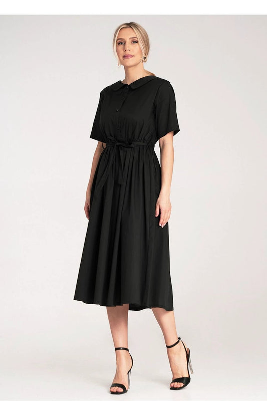 Figl Daydress - Comfortable 100% Cotton Midi A-Line Dress with Belt and Pleats by Figl