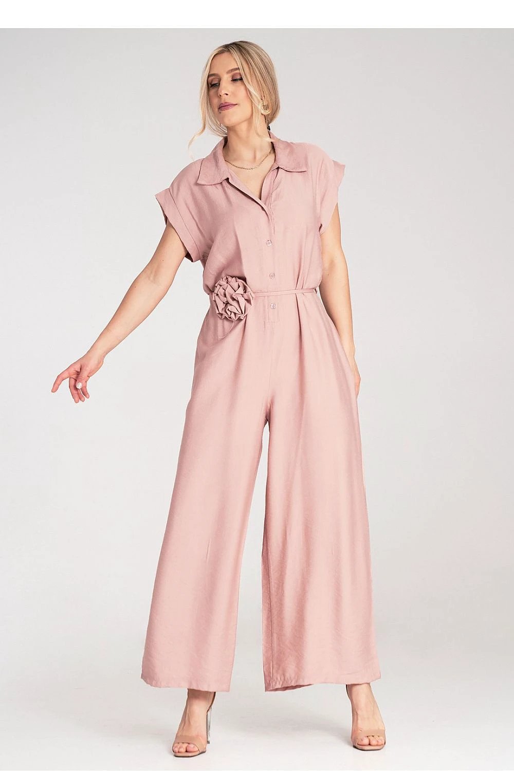 Figl Women's Wide Leg Jumpsuit - Loose Fit, Button Front, Floral Belt for Comfort and Freedom of Movement by Figl