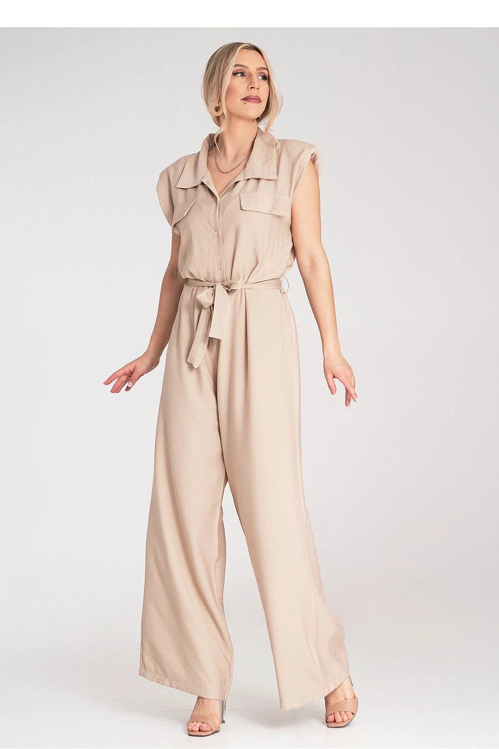 Figl Women's Jumpsuit - Lightweight Breathable Viscose with Wide Legs, Button Front, and Padded Shoulders by Figl