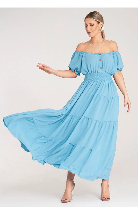 Figl Women's Summer Maxi Dress - Spanish Style Neckline, Puffed Sleeves and Elastic Waist for Comfort by Figl